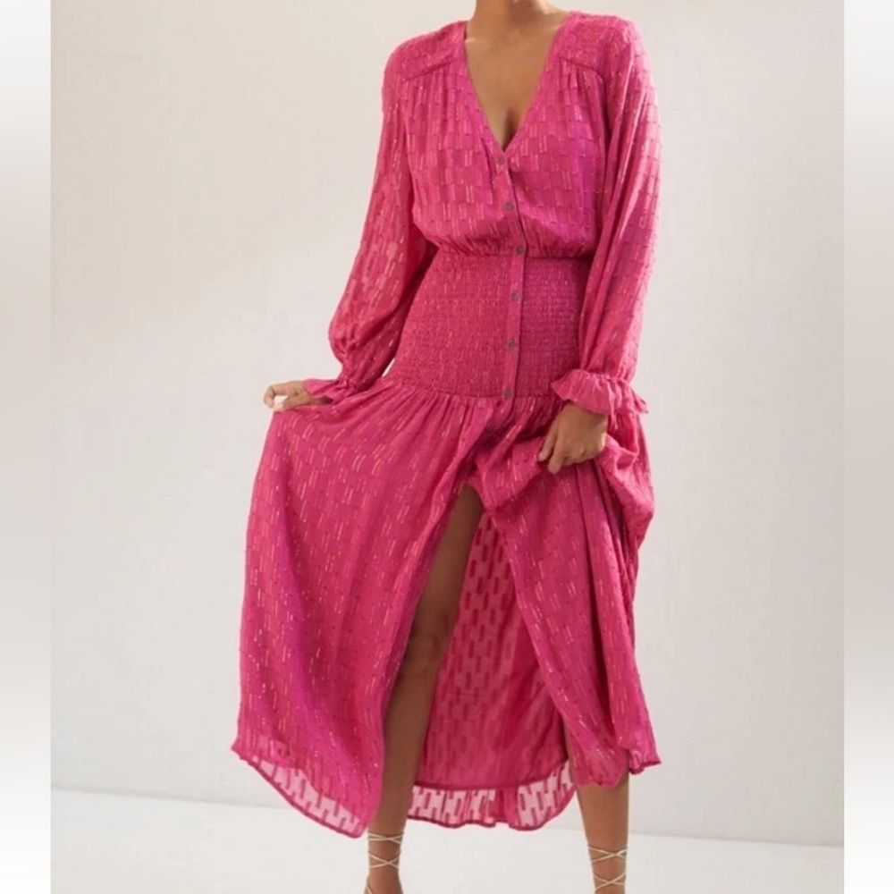 Anthropologie Fuchsia Long Sleeve Maxi Dress